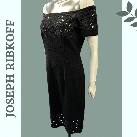 Joseph Ribkoff Off the Shoulder Little Black Dress Cut Out Beaded Embroidered 8 - Picture 4 of 9